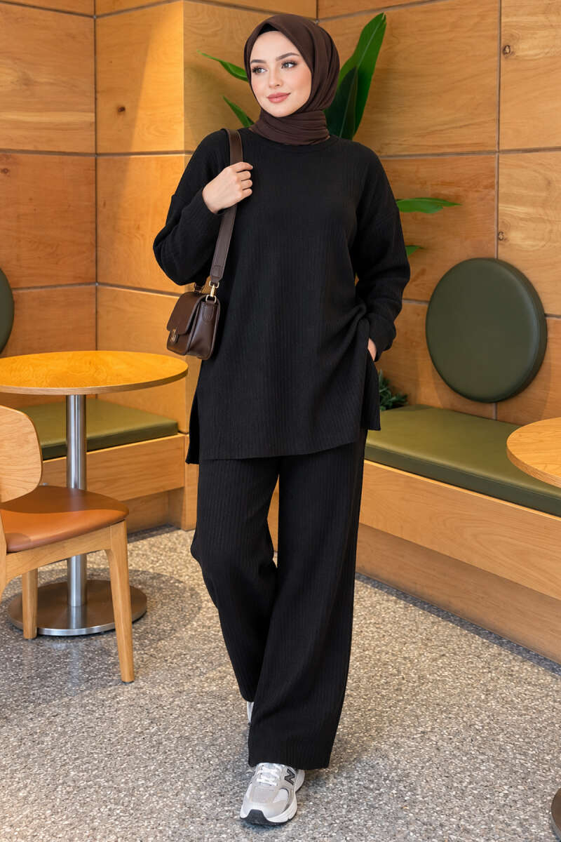 Ribbed Knit Two-Piece Set with Side Slits - Black