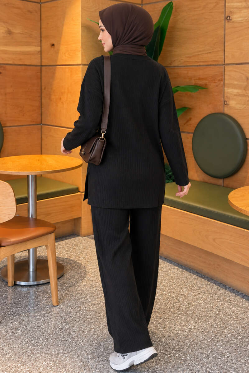 Ribbed Knit Two-Piece Set with Side Slits - Black