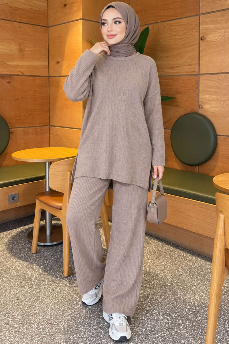 Ribbed Knit Two-Piece Set with Side Slits - Mink