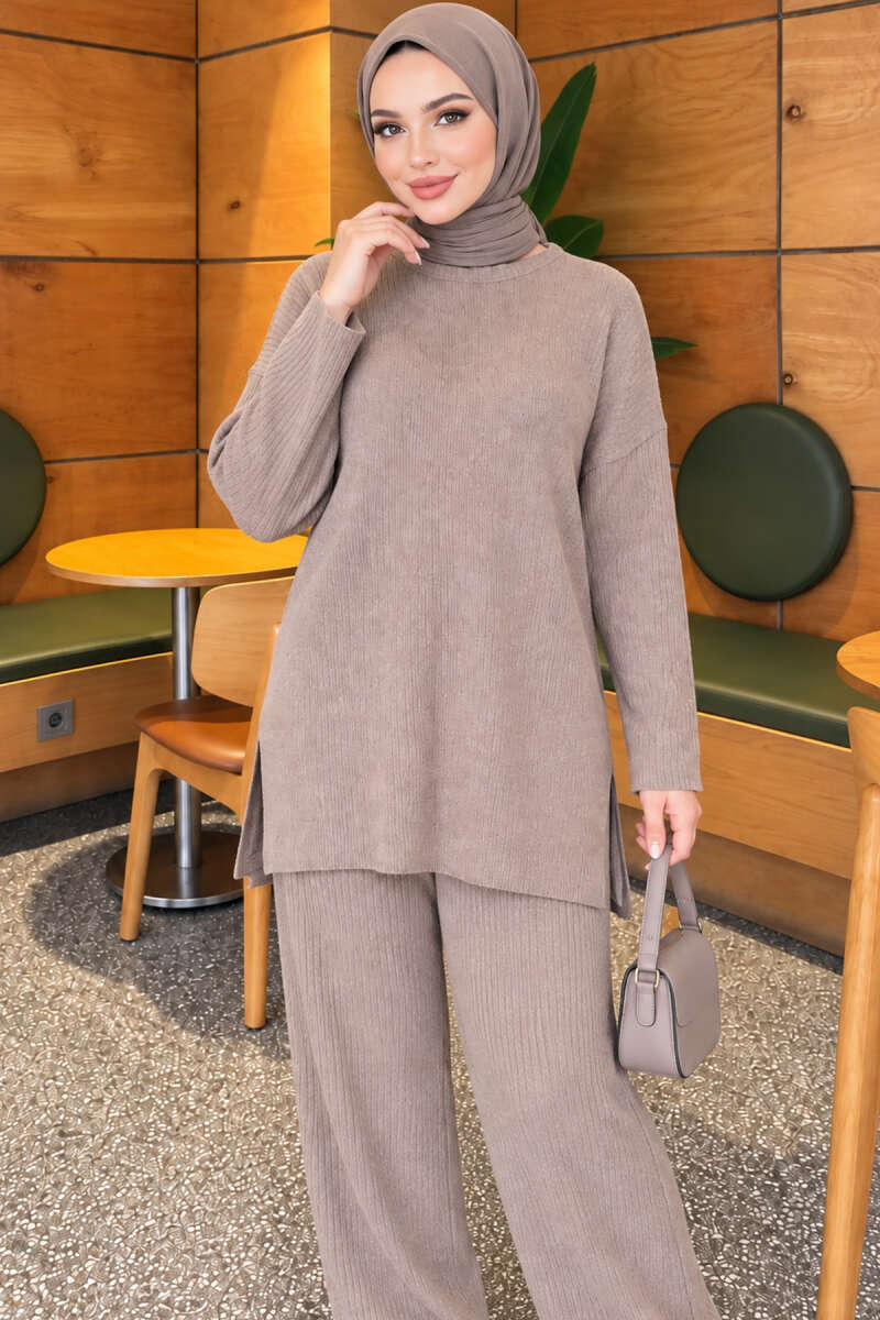 Ribbed Knit Two-Piece Set with Side Slits - Mink