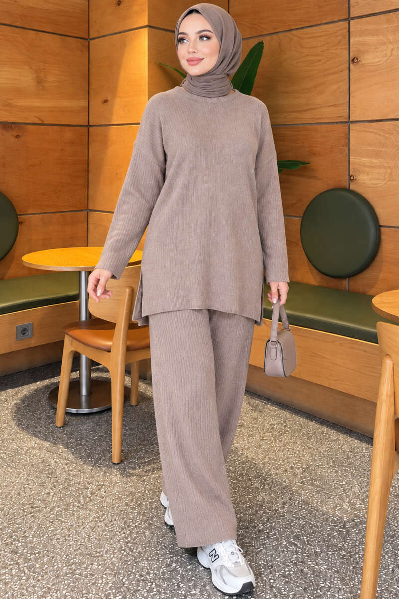 Ribbed Knit Two-Piece Set with Side Slits - Mink