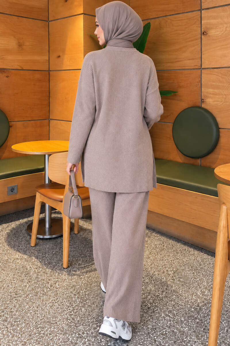 Ribbed Knit Two-Piece Set with Side Slits - Mink