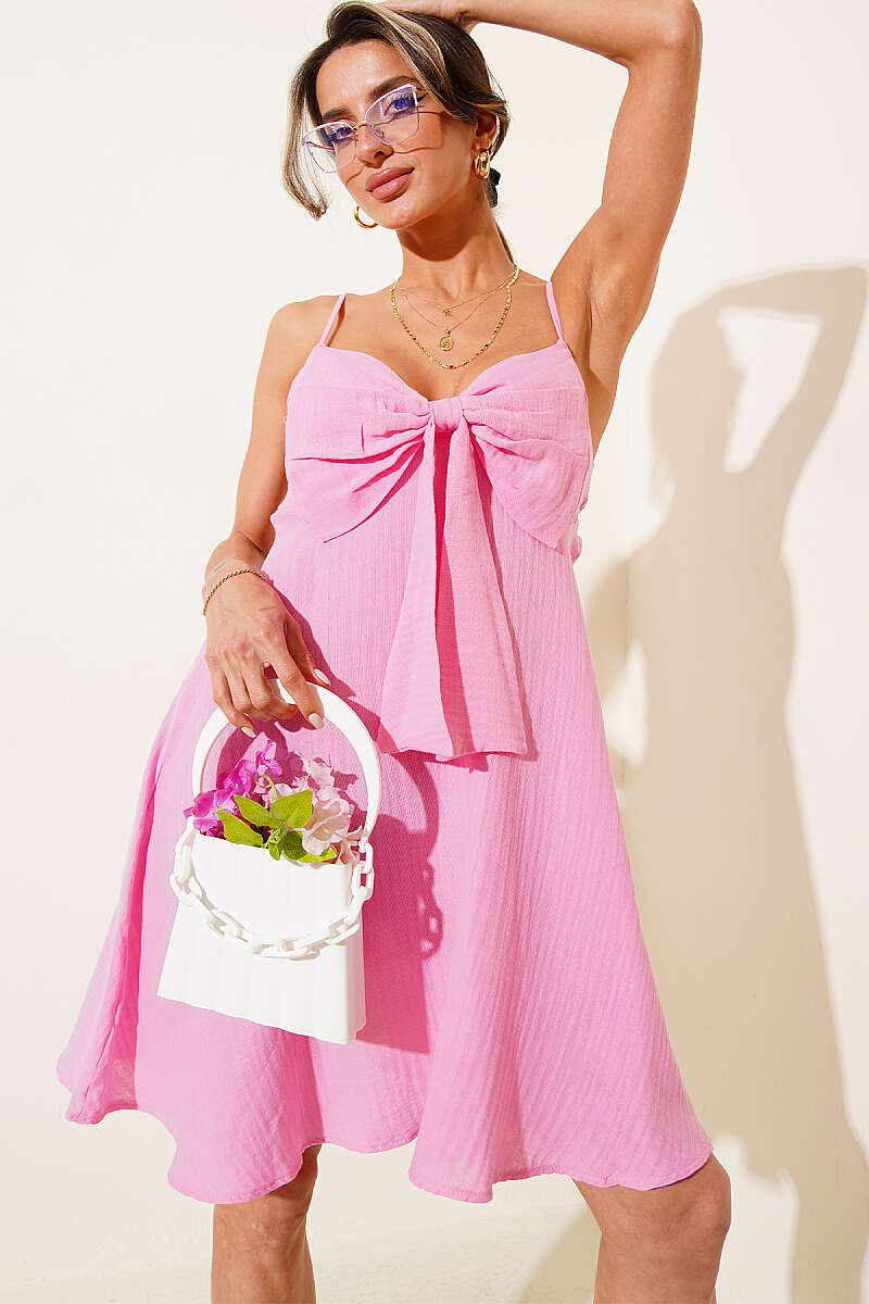 Spaghetti-Strap Muslin Dress with Bow - Pink