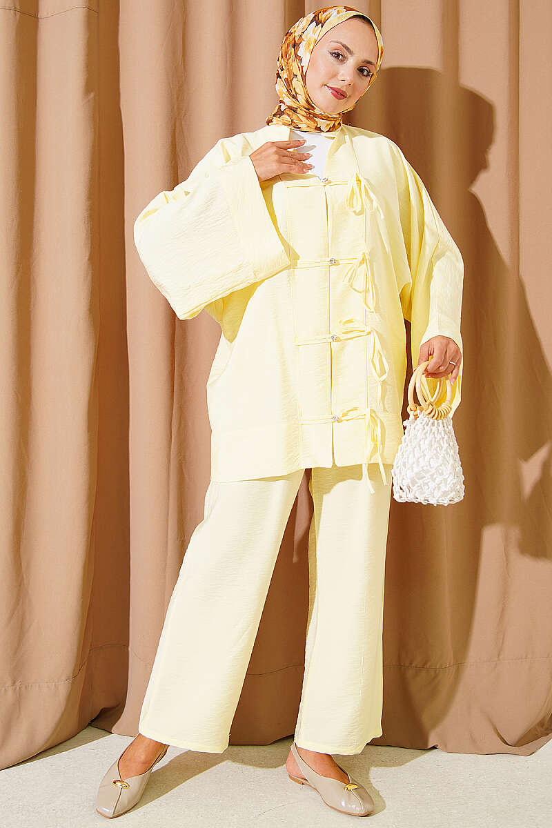Kimono Two-Piece Set with Bow Detail - Yellow