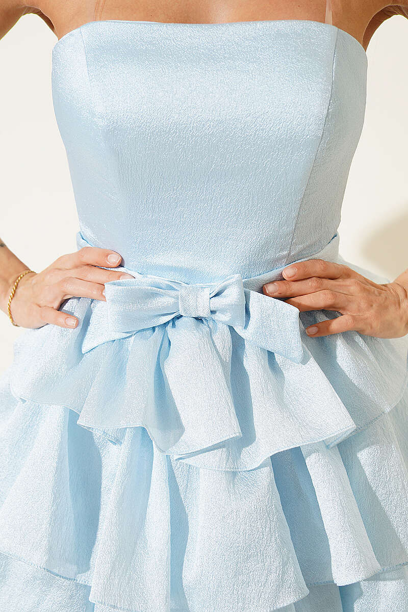 Glitter Evening Dress with Bow Detail - Light Blue