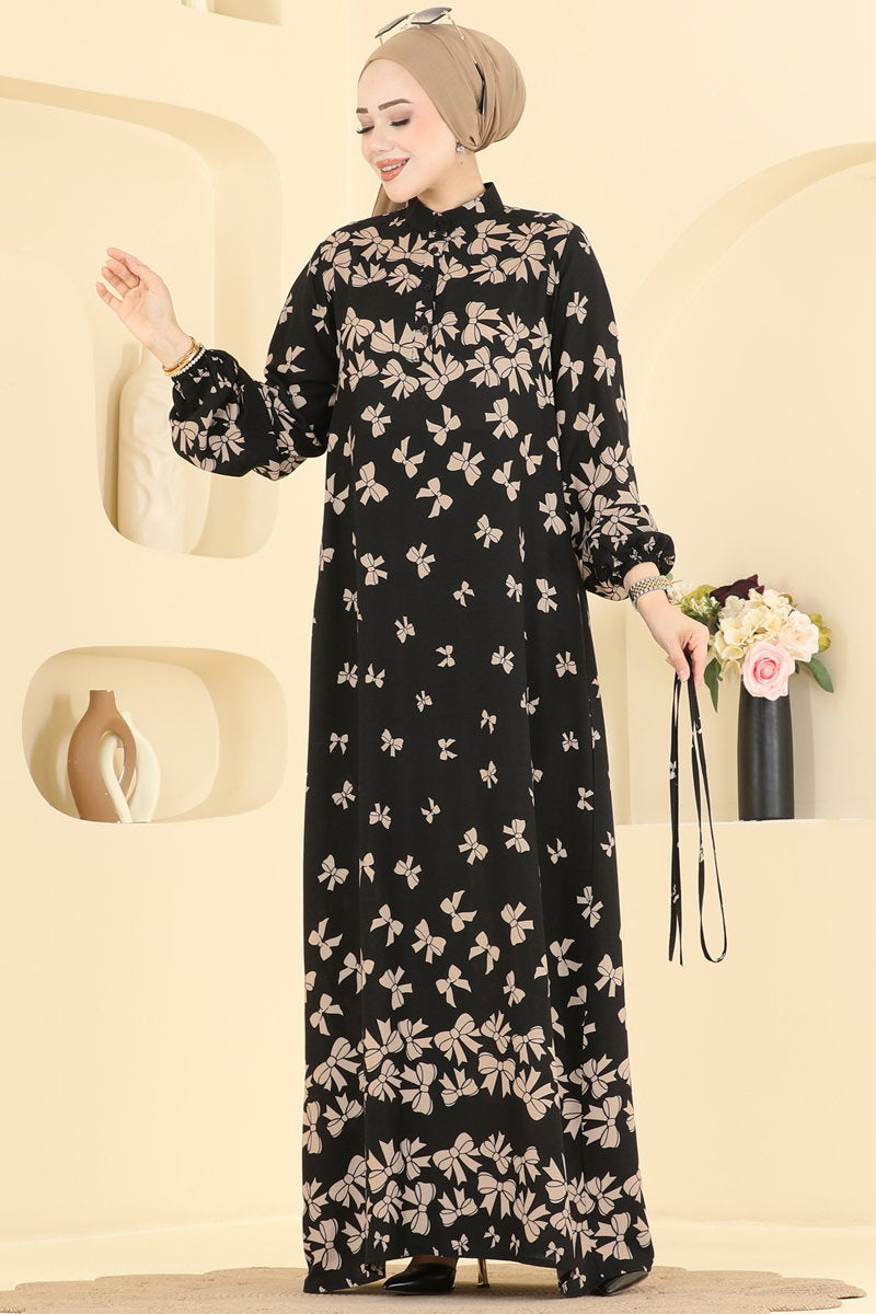 Viscose Dress with Bow Detail - Mink-Black