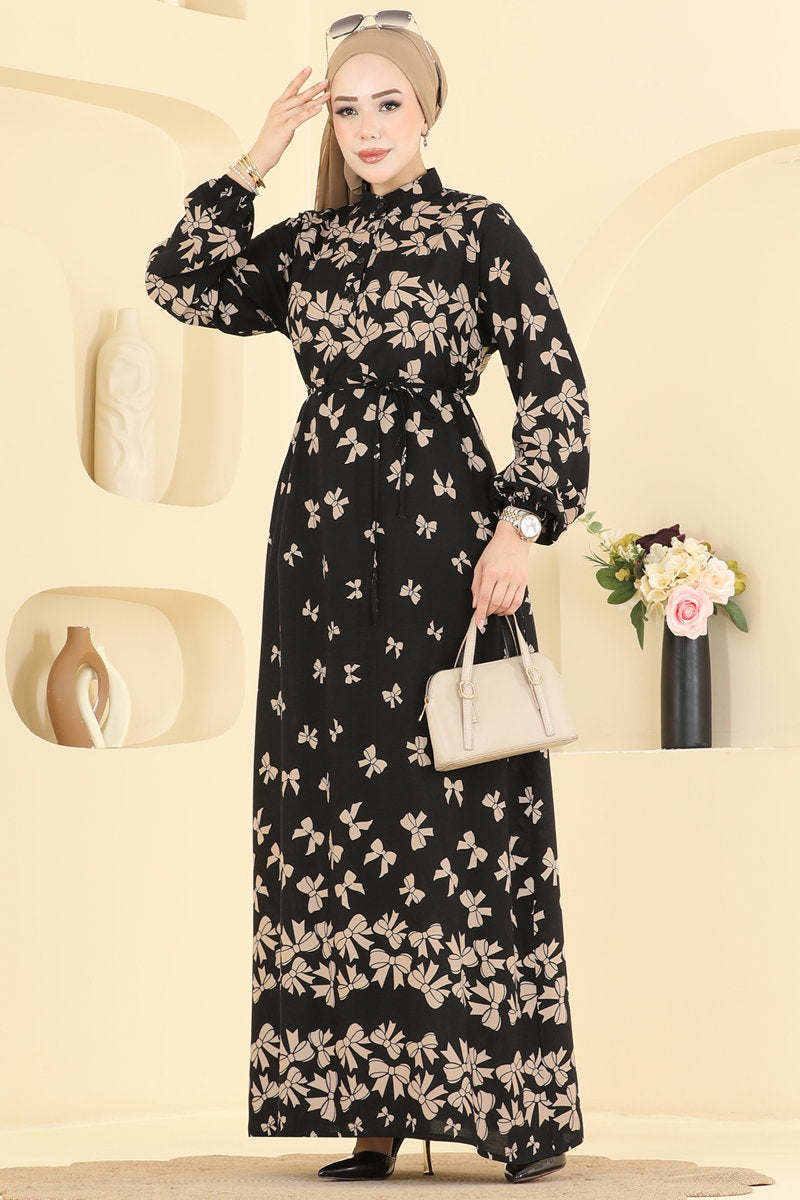 Viscose Dress with Bow Detail - Mink-Black