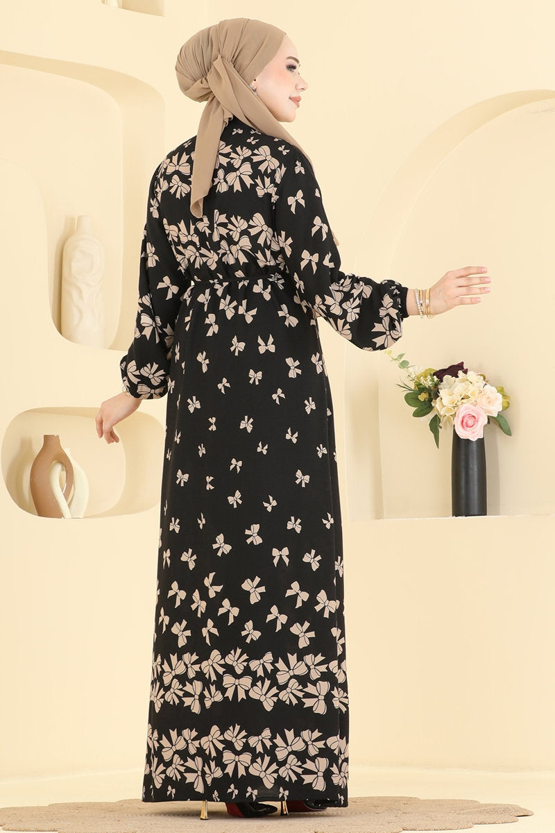Viscose Dress with Bow Detail - Mink-Black