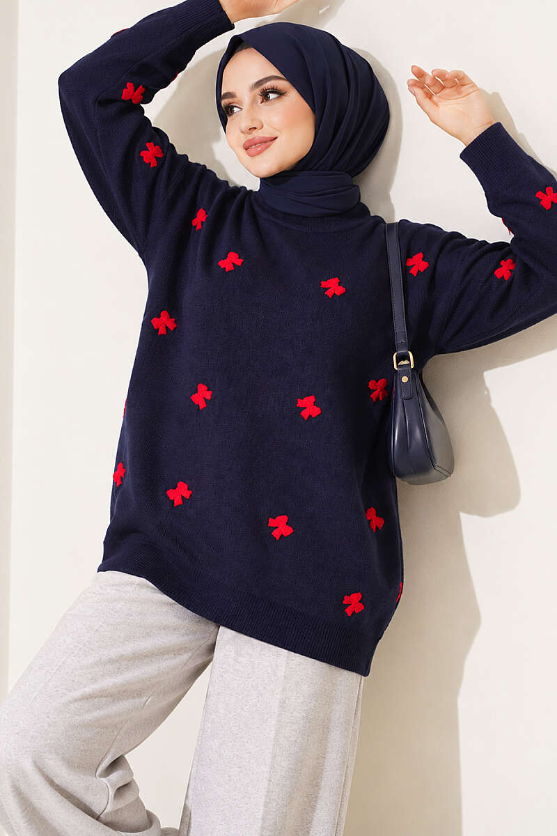 Bow-Embroidered Knit Sweater - Navy