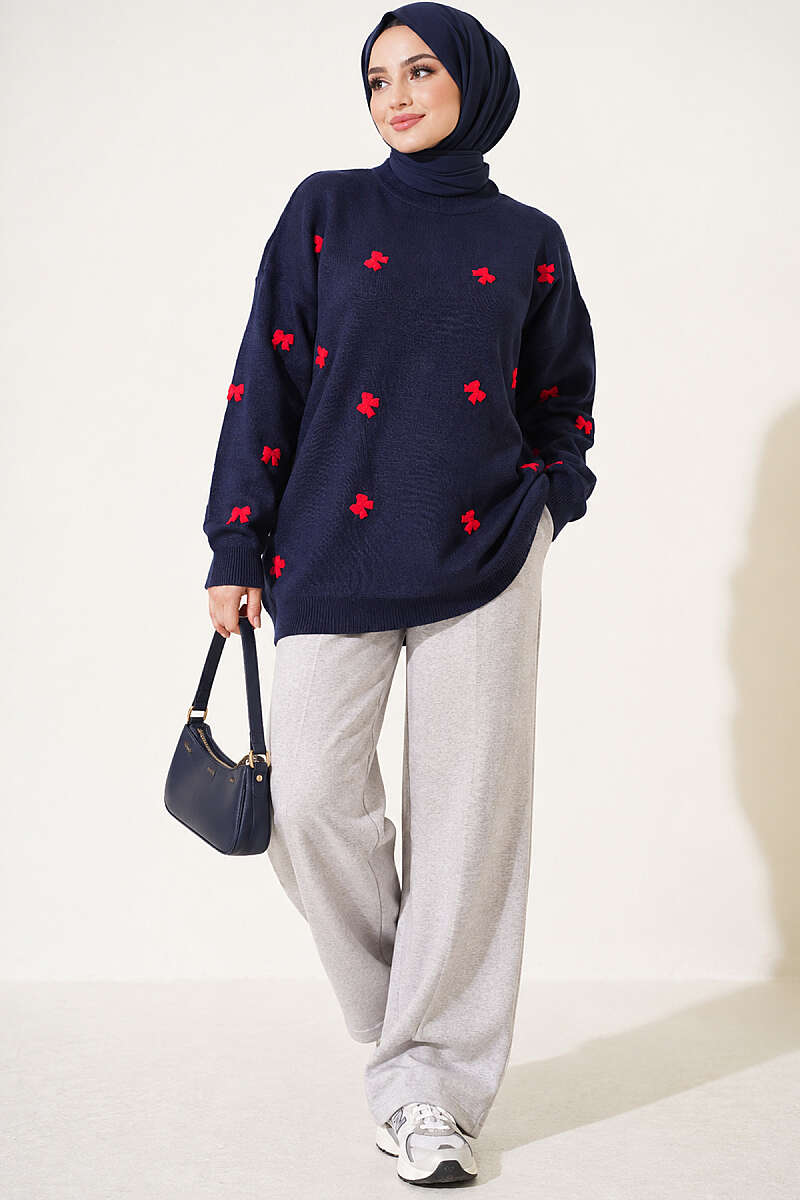 Bow-Embroidered Knit Sweater - Navy
