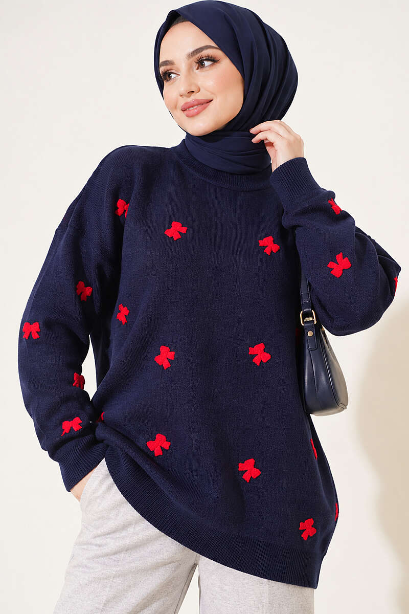 Bow-Embroidered Knit Sweater - Navy