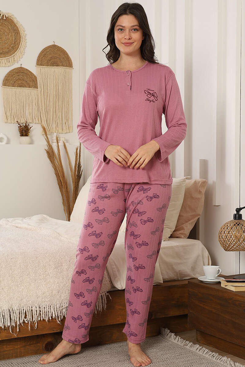 Bow Embroidered Printed Pyjama Set - Dusty Rose