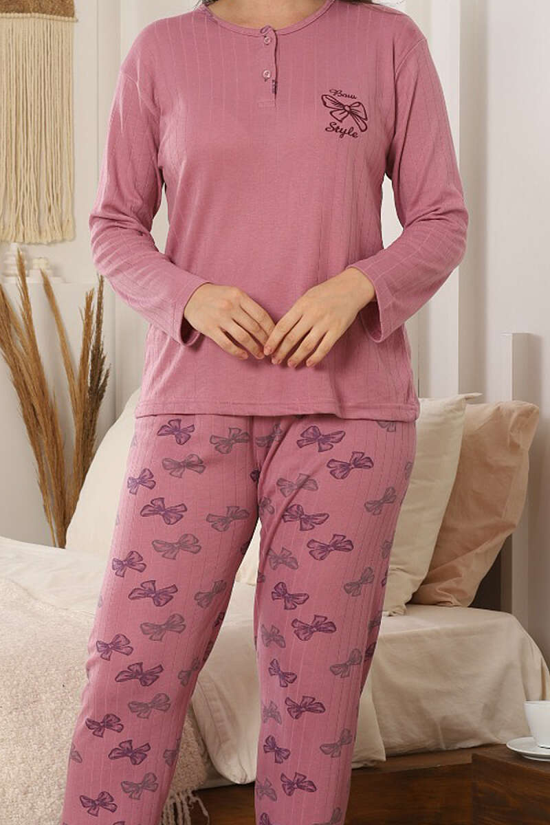 Bow Embroidered Printed Pyjama Set - Dusty Rose