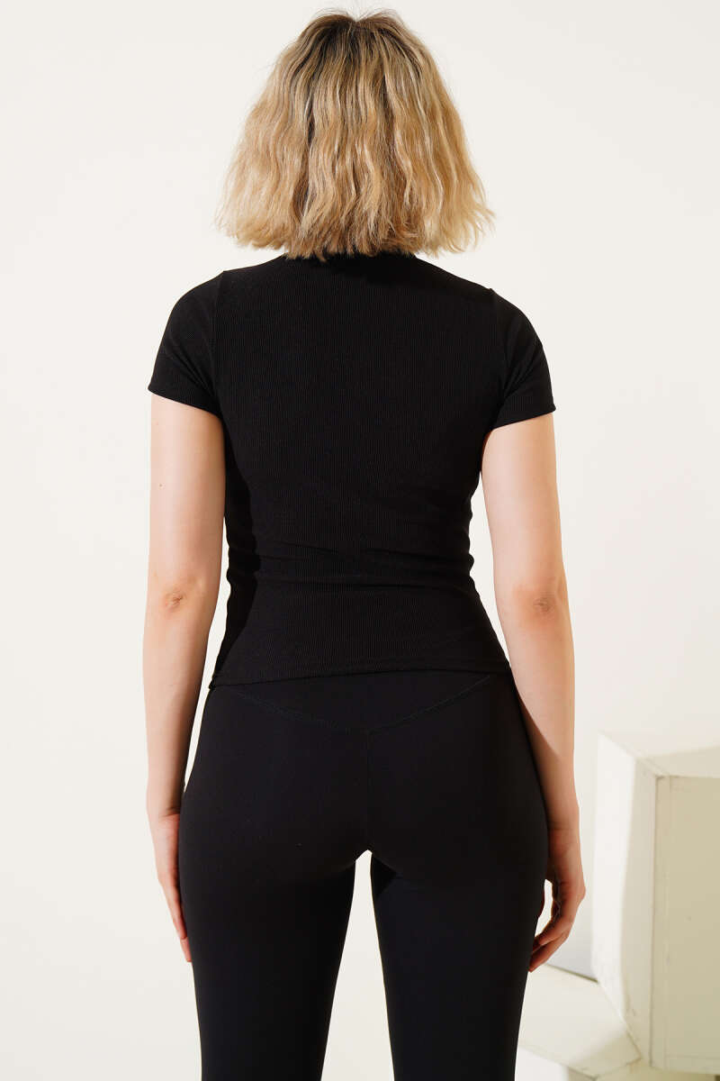 Ribbed Blouse with Bow Stones - Black