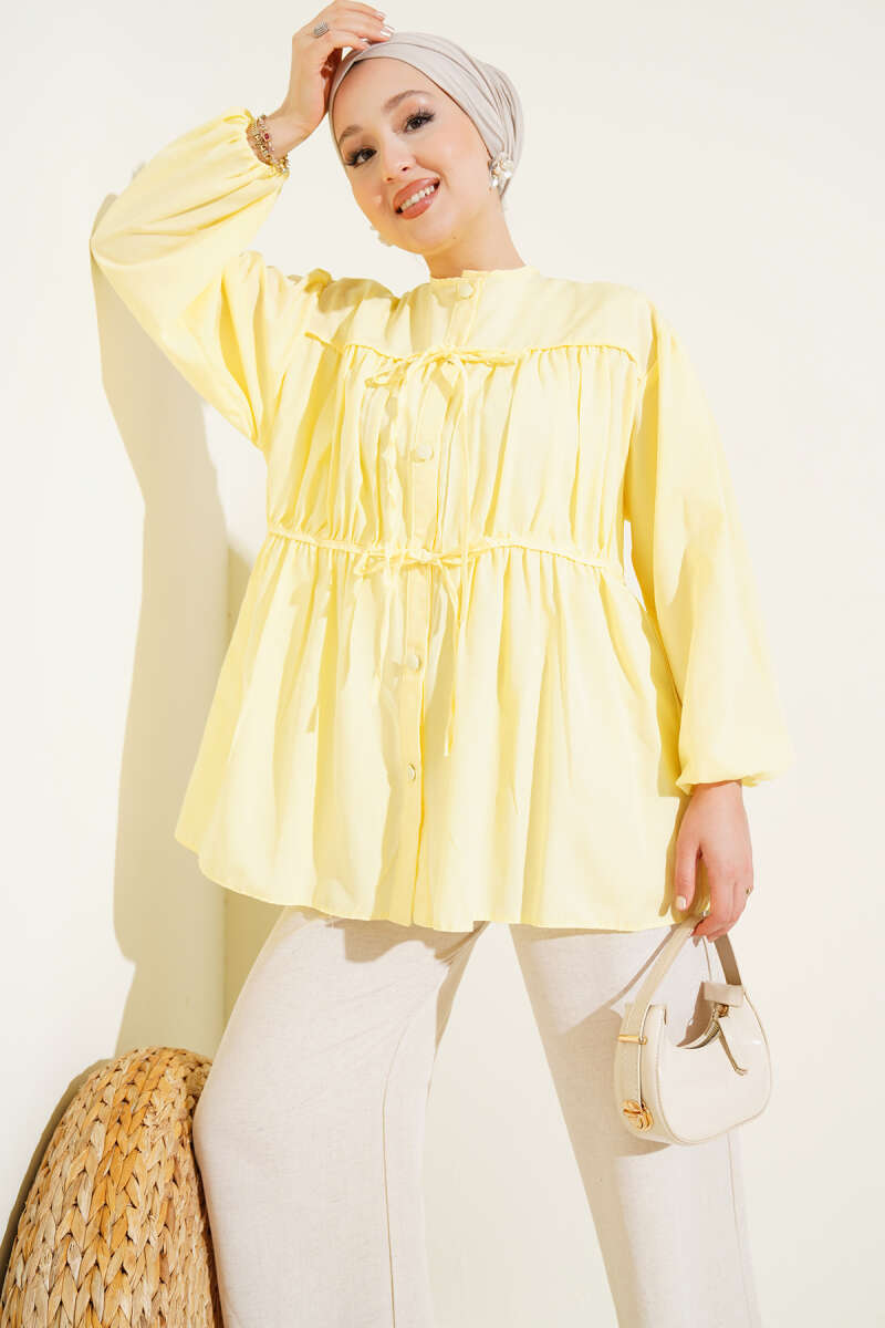 Gathered Shirt with Bow - Yellow