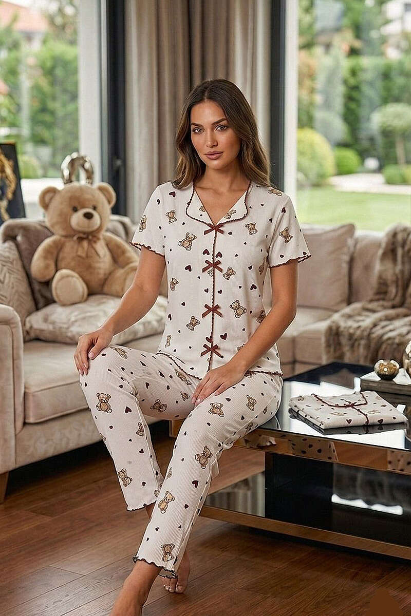 Bow Heart Print Short-Sleeve Pyjama Set - Beige