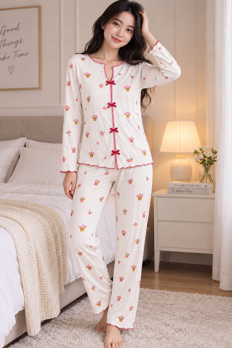 Mixed Print Pyjama Set with Bows - Multicolour 16