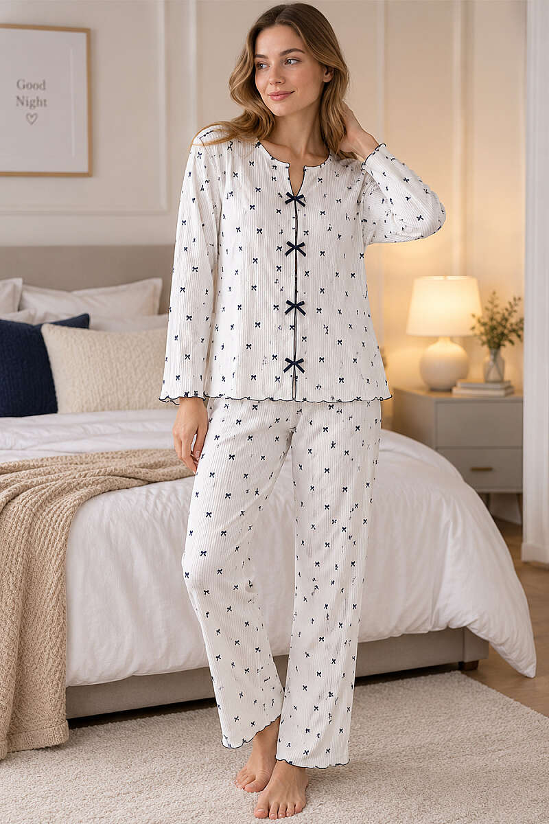 Mixed Print Pyjama Set with Bows - Multicolour 9