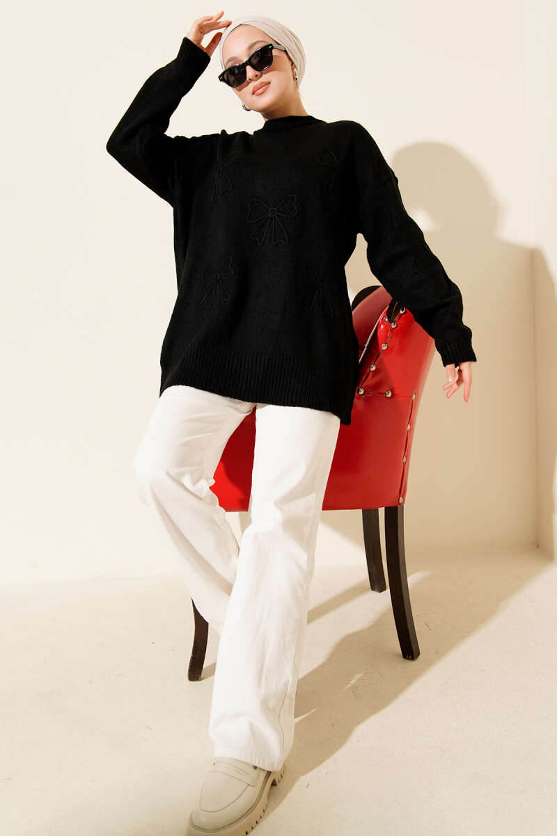 Soft Knit Tunic with Bow - Black