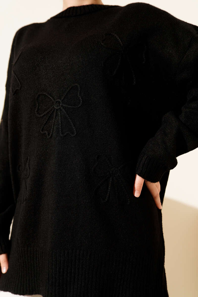 Soft Knit Tunic with Bow - Black