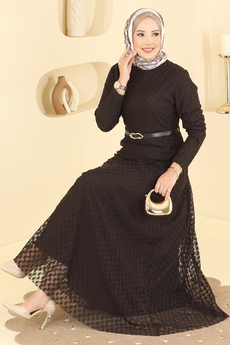 Belted Flock-Print Tulle Evening Dress - Dark Brown