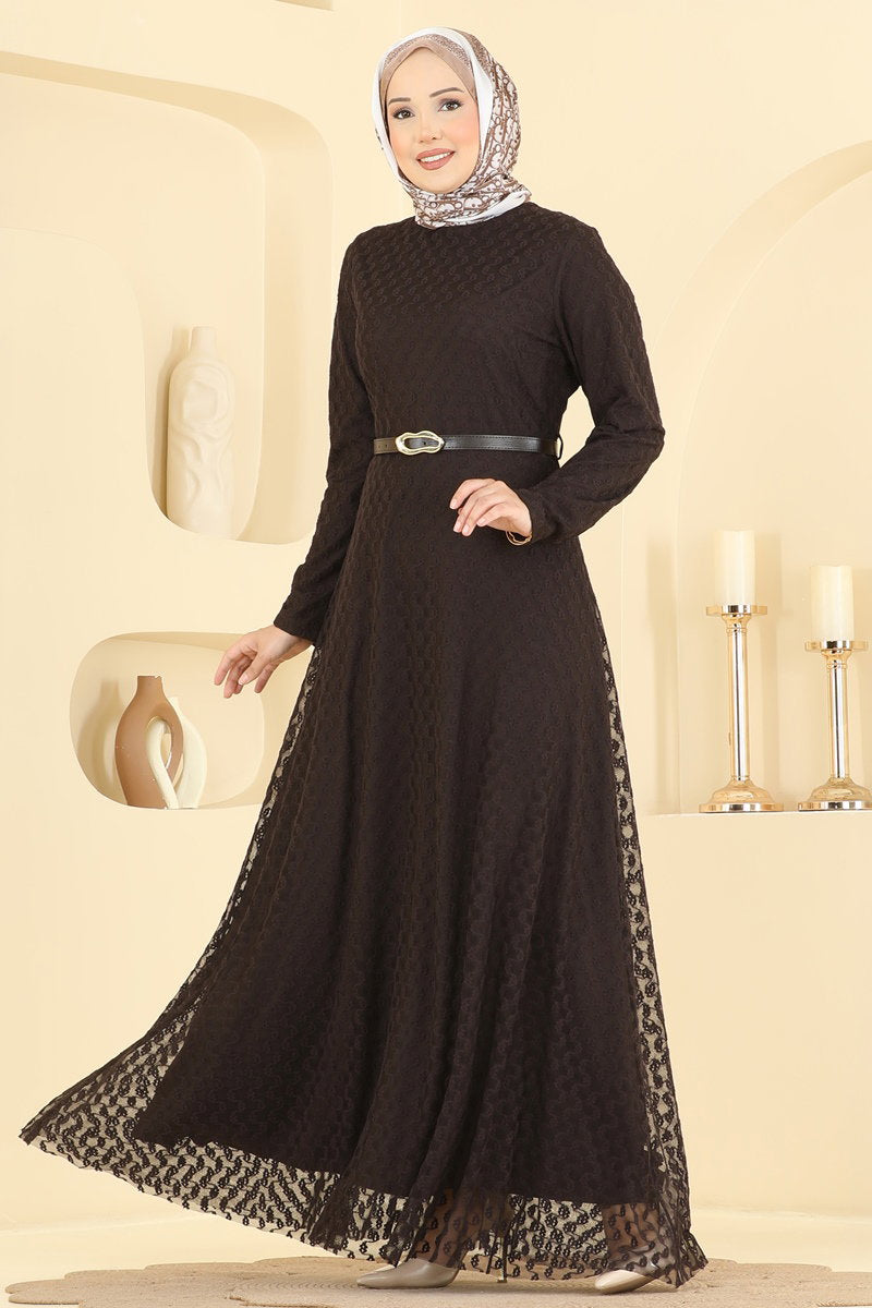 Belted Flock-Print Tulle Evening Dress - Dark Brown