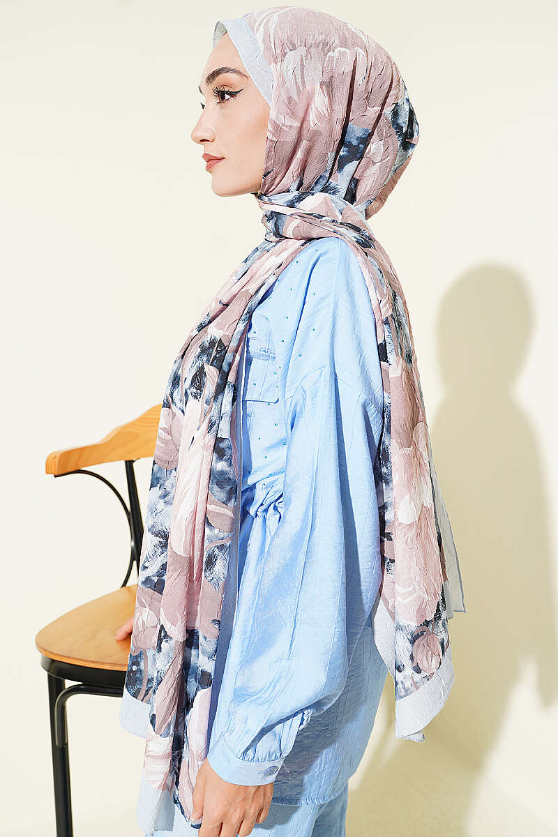 Floral Nature Bamboo Crinkle Shawl - Ice Blue