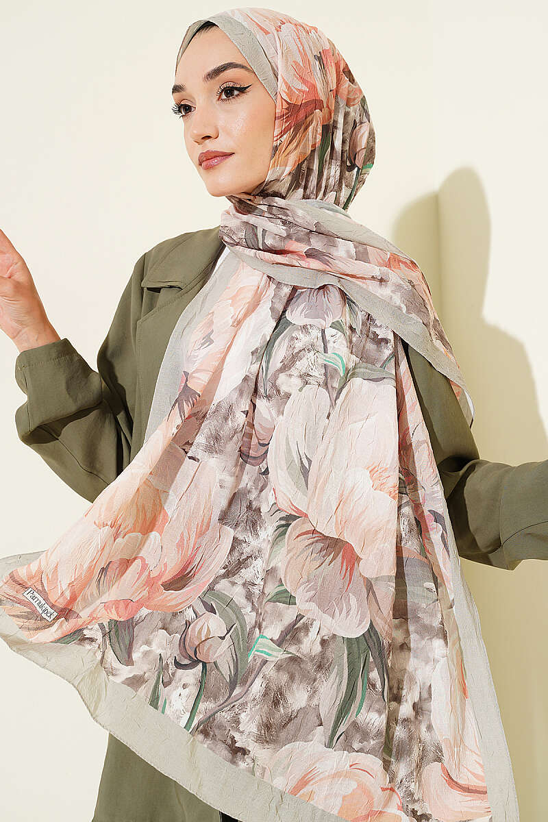Floral Nature Bamboo Crinkle Shawl - Almond Green