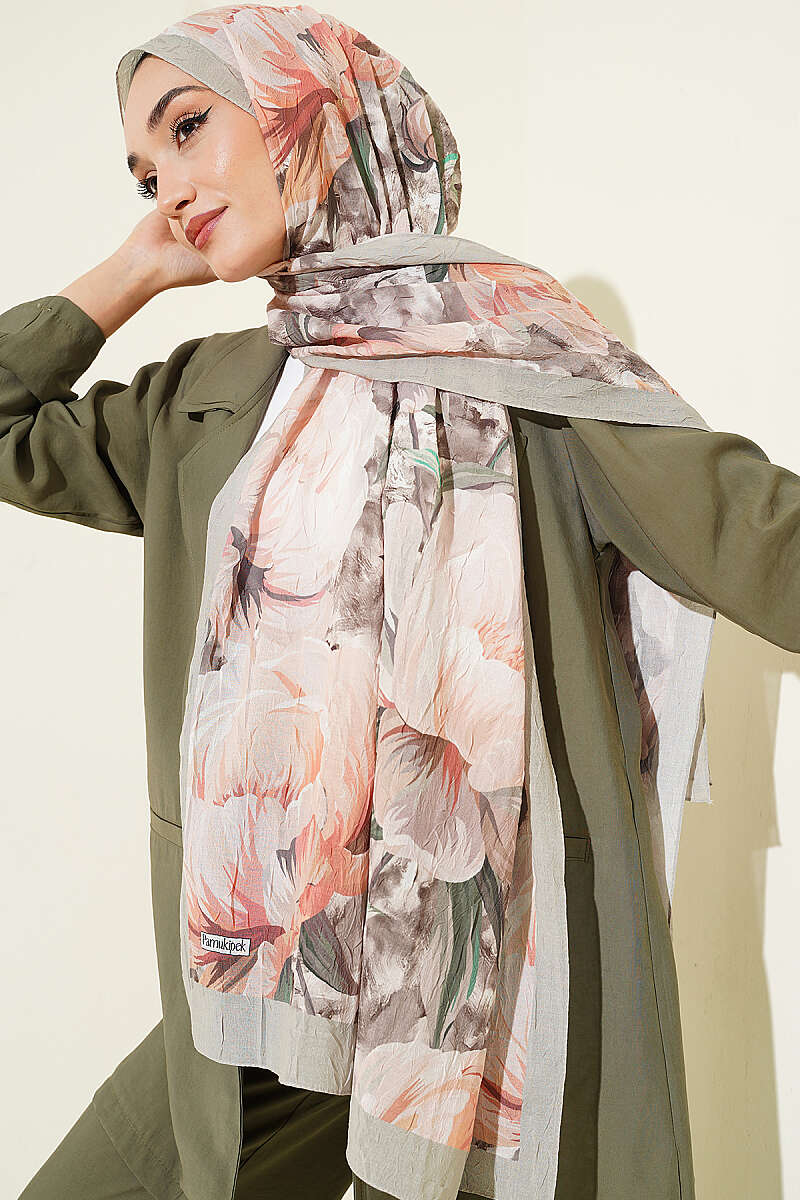 Floral Nature Bamboo Crinkle Shawl - Almond Green