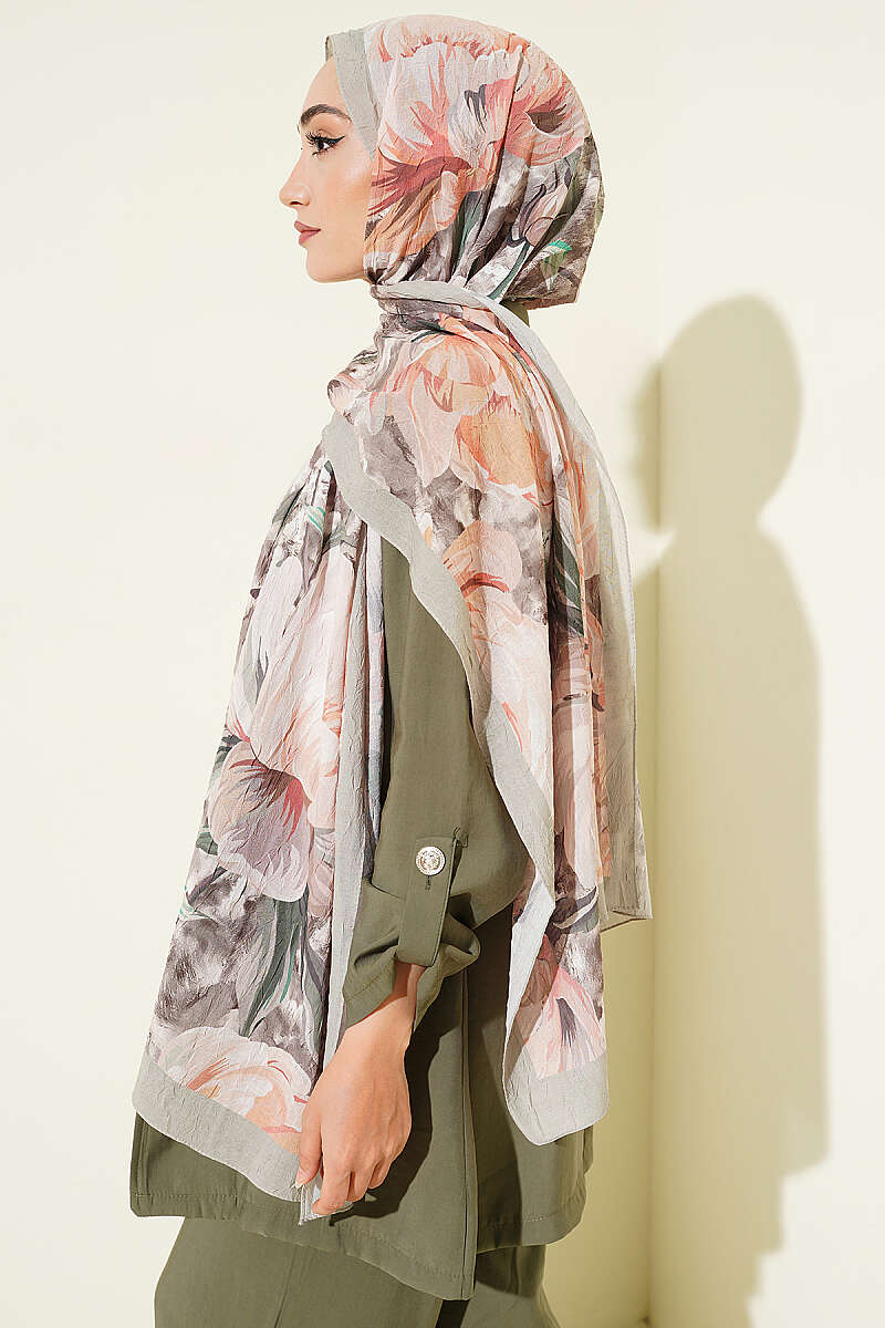 Floral Nature Bamboo Crinkle Shawl - Almond Green