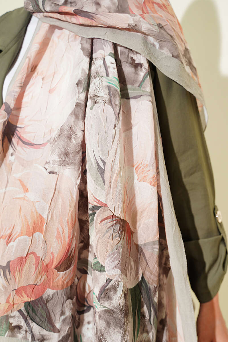 Floral Nature Bamboo Crinkle Shawl - Almond Green