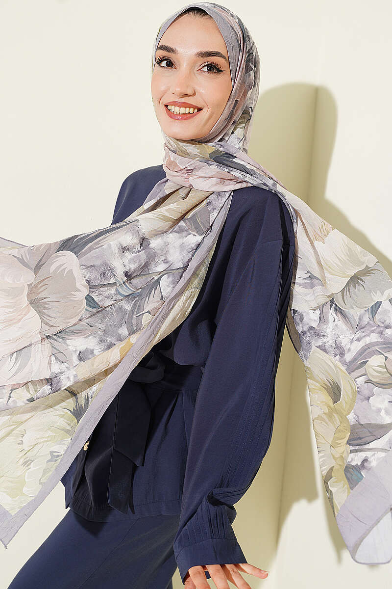 Floral Nature Bamboo Crinkle Shawl - Grey