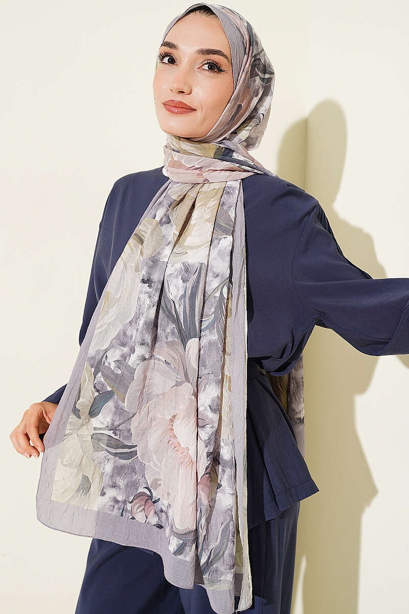 Floral Nature Bamboo Crinkle Shawl - Grey