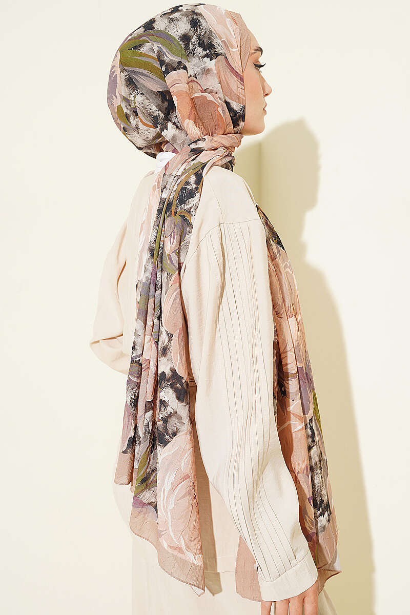 Floral Nature Bamboo Crinkle Shawl - Latte