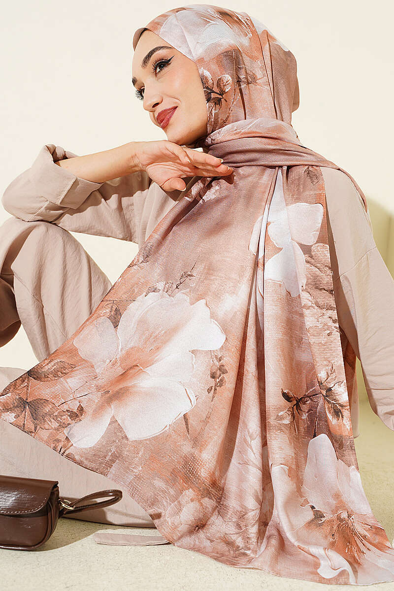 Digital Flower Print Shawl - Latte