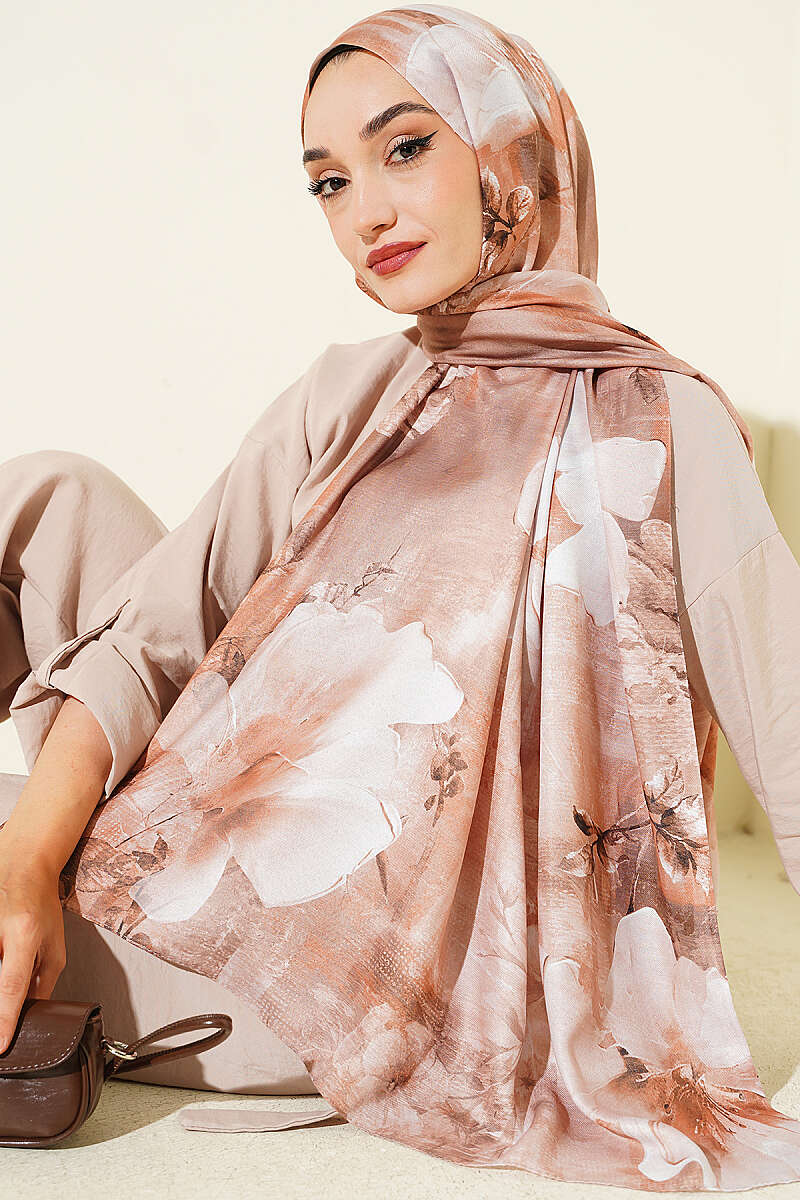 Digital Flower Print Shawl - Latte