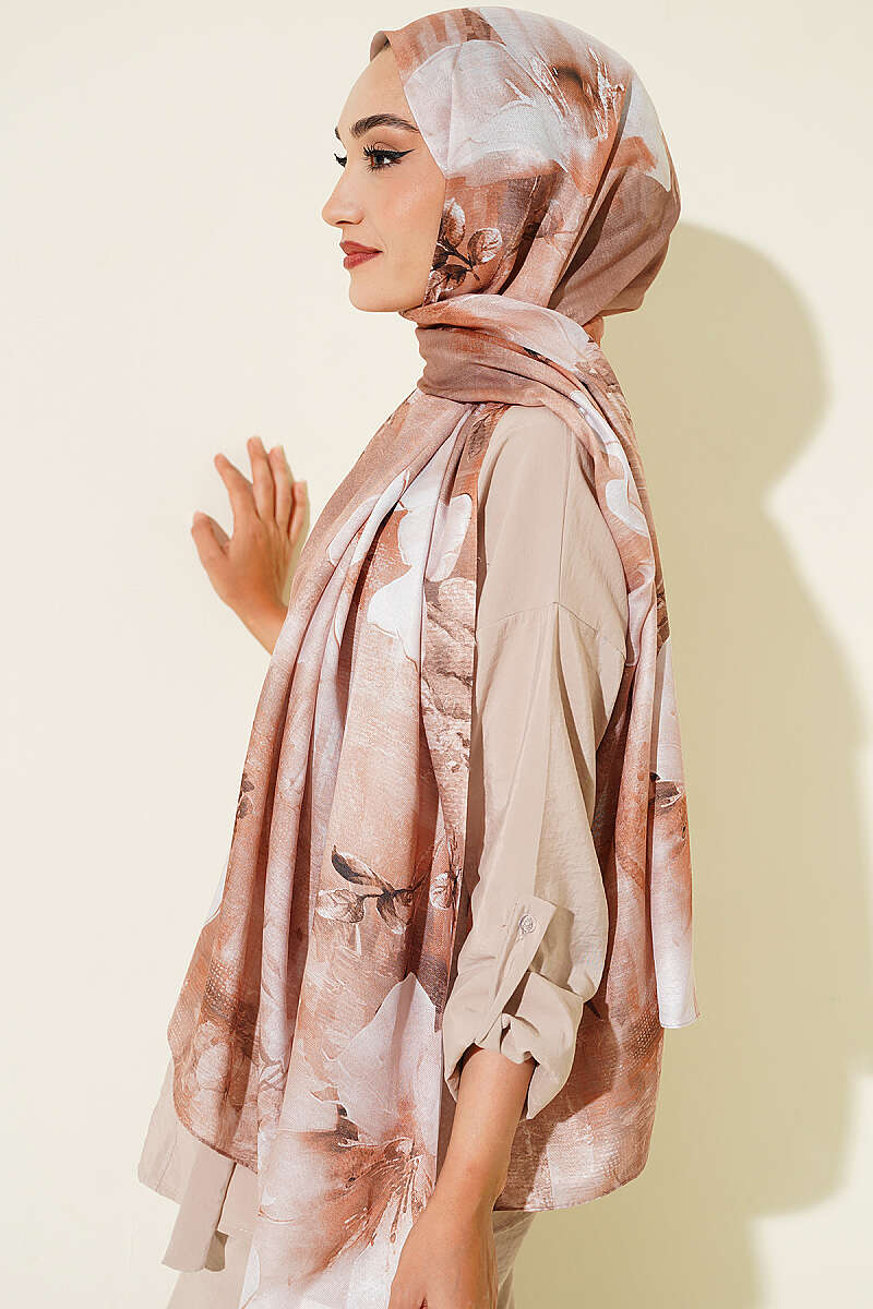 Digital Flower Print Shawl - Latte