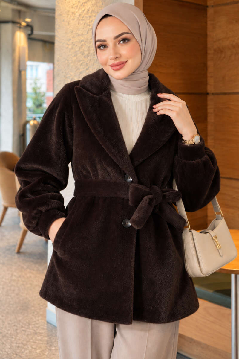 Short Belted Faux Fur Coat - Dark Brown