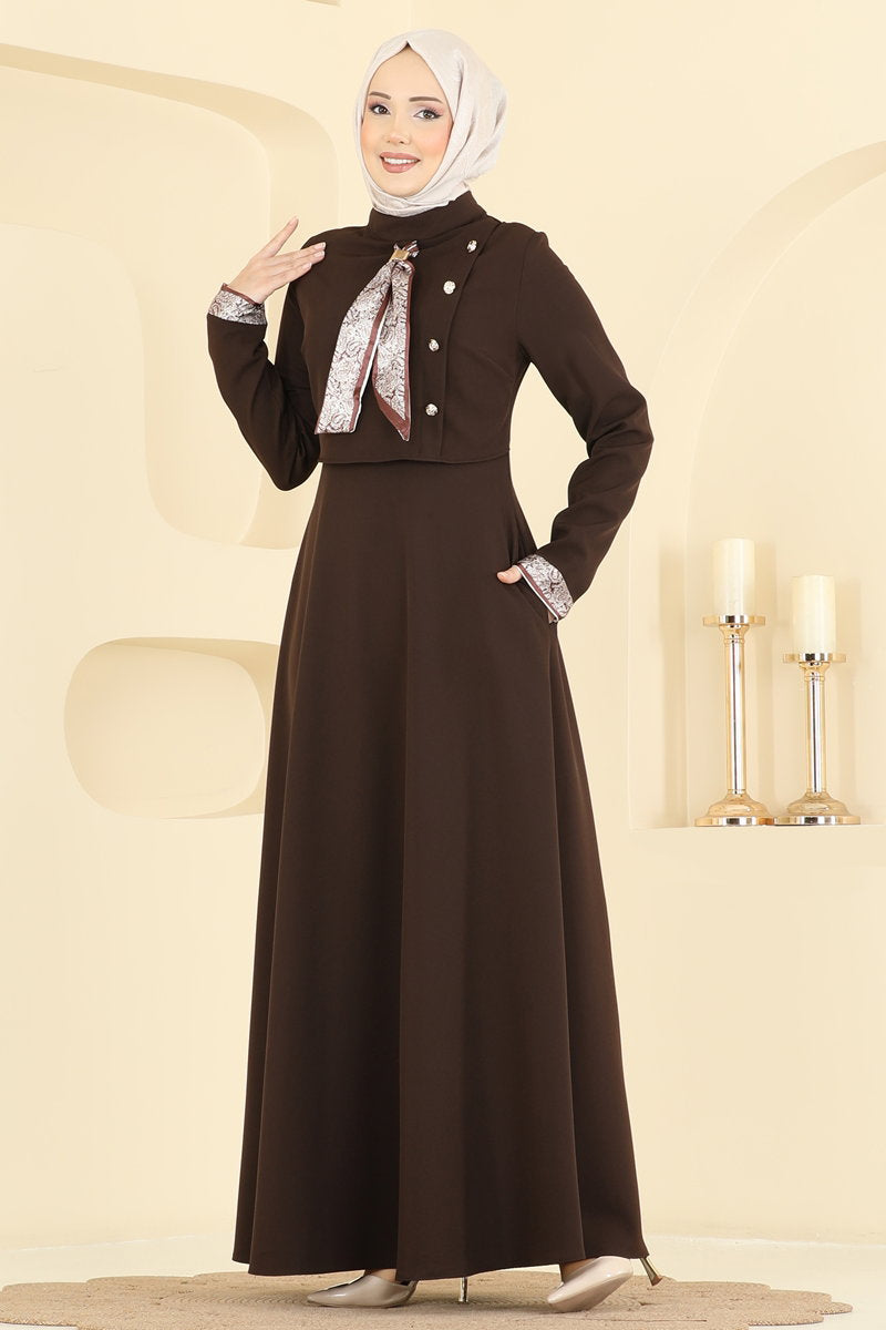 Double Knit Dress with Neck Scarf - Dark Brown