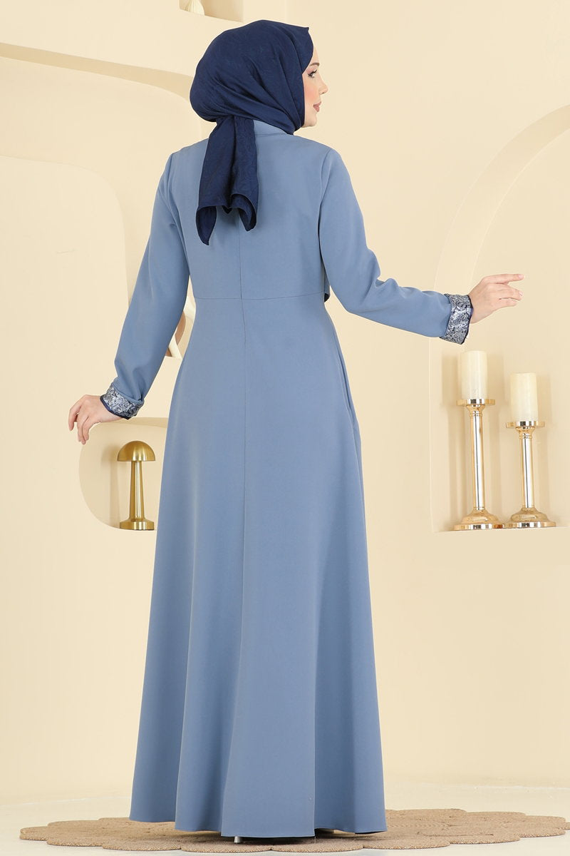 Double Knit Dress with Neck Scarf - Blue