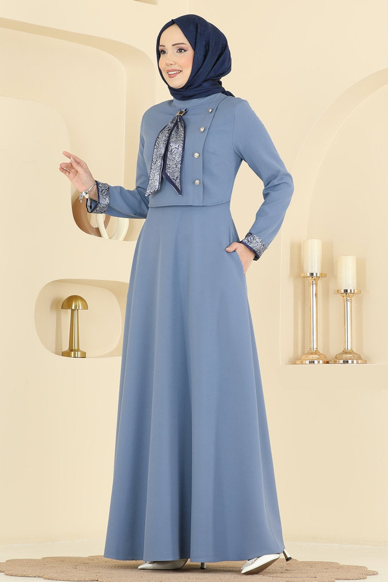 Double Knit Dress with Neck Scarf - Blue