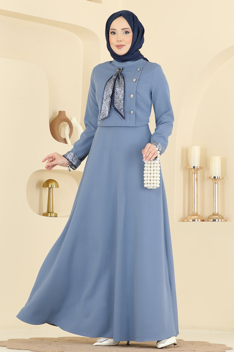 Double Knit Dress with Neck Scarf - Blue