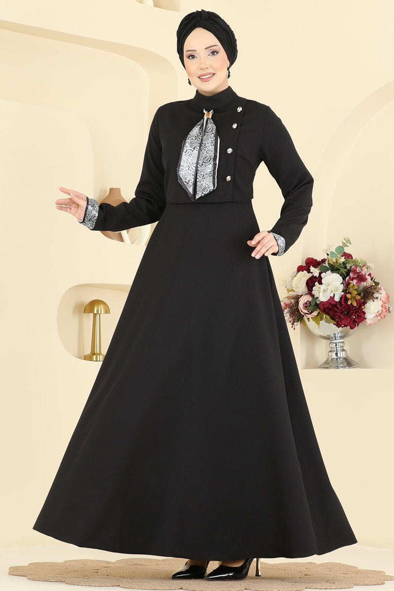 Double Knit Dress with Neck Scarf - Black