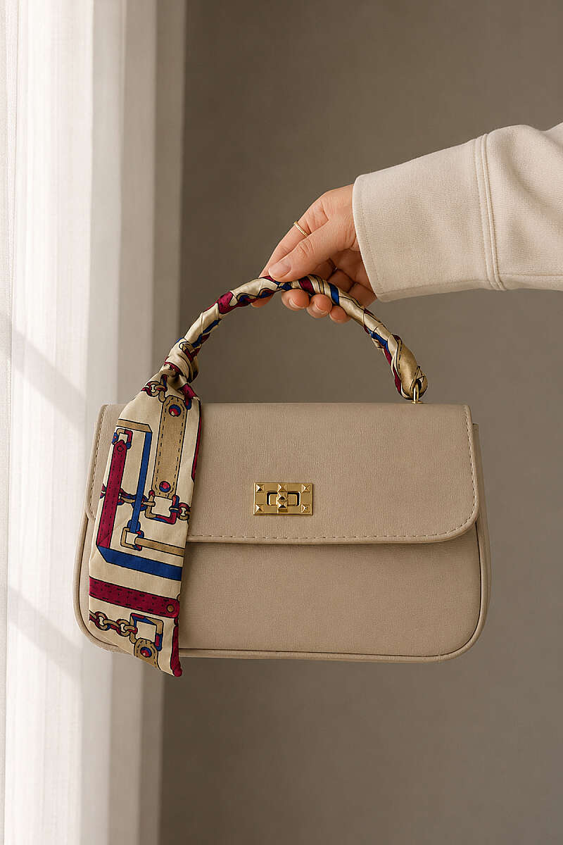Printed Scarf Handbag with Gold Lock - Beige