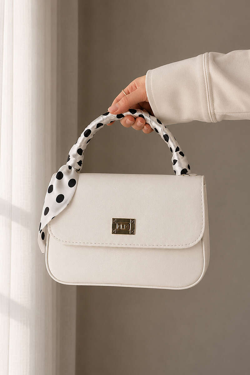 Printed Scarf Handbag with Gold Lock - White