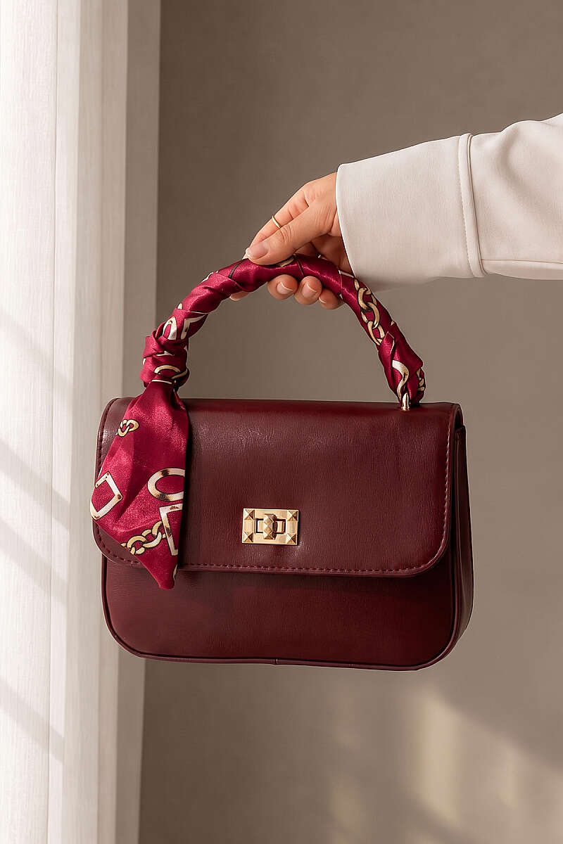 Printed Scarf Handbag with Gold Lock - Burgundy