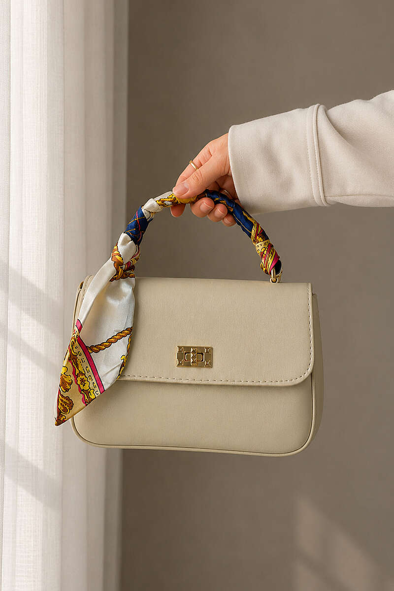 Printed Scarf Handbag with Gold Lock - Bone