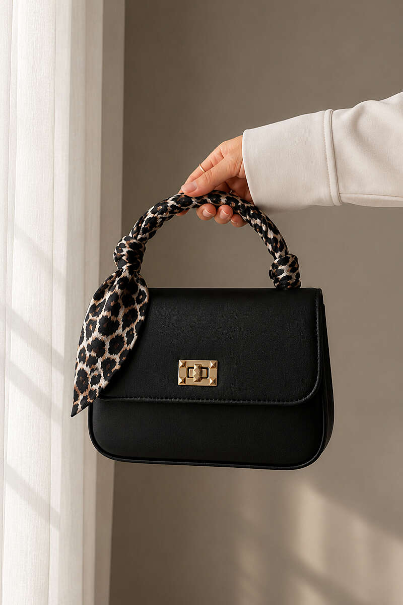 Printed Scarf Handbag with Gold Lock - Black