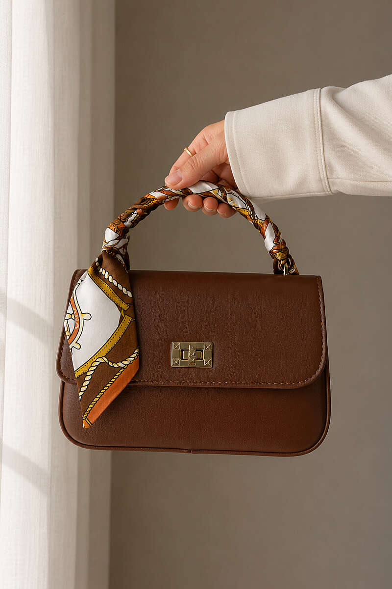 Printed Scarf Handbag with Gold Lock - Tan