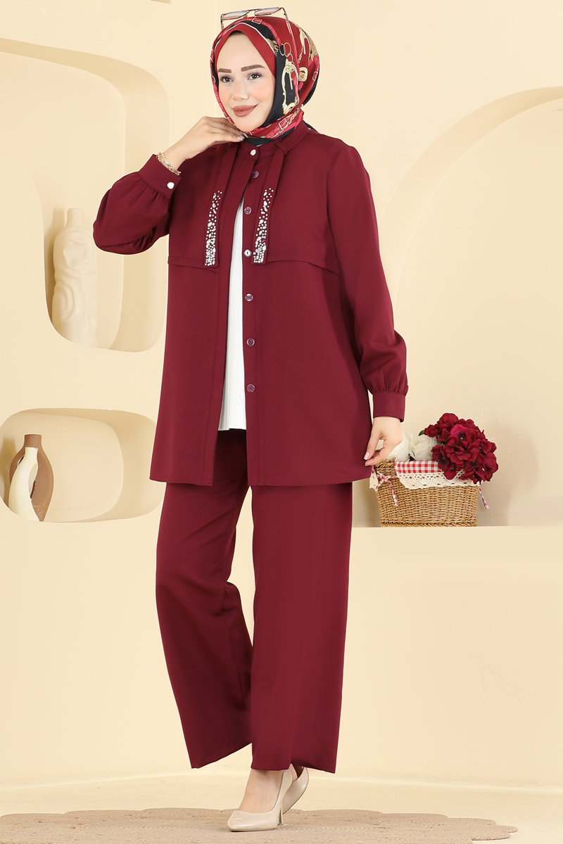 Double Knit Two-Piece Set with Scarf - Burgundy